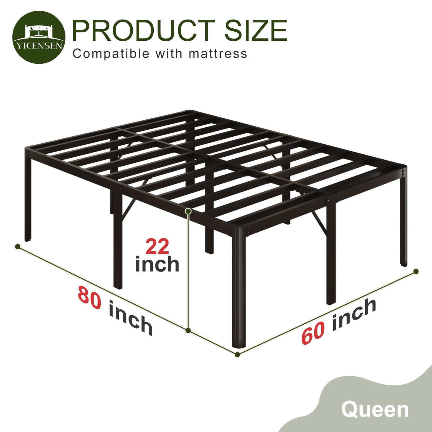 Yicensen 22 Inch High Queen Bed Frame Rounded Corner No Box Spring Needed, Heavy Duty Metal Queen Size Platform Bed Frame, Easy Assembly, Noise Free, Black