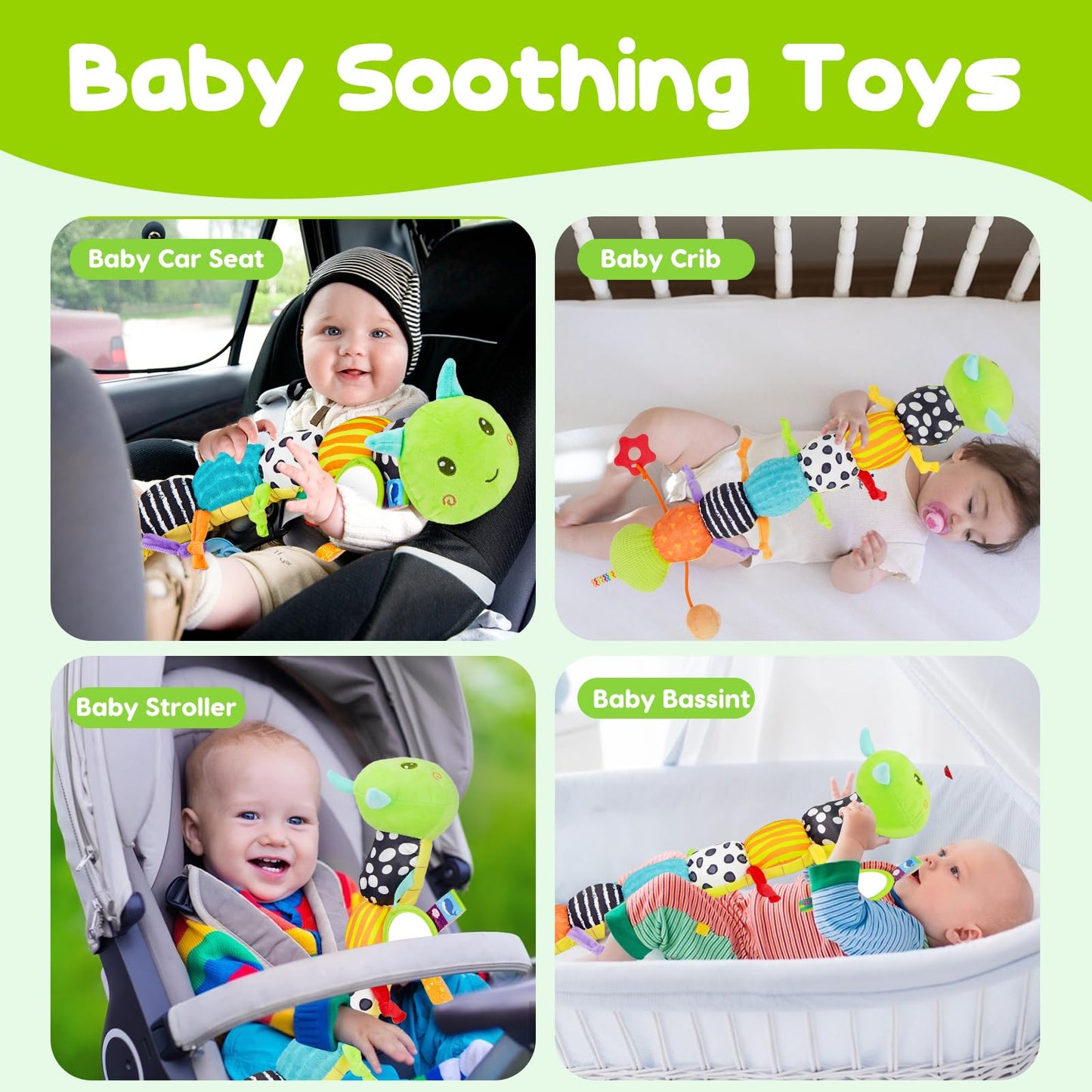 Baby Sensory Toy 0-6 Month Music Animal Stuffed Plush Caterpillar Toy for Infant 0-3-6-12 Month Old Tummy Time with Mirror Crinkle Rattle Toys for Newborn Boys Girl Shower Gifts Easter Basket Stuffer