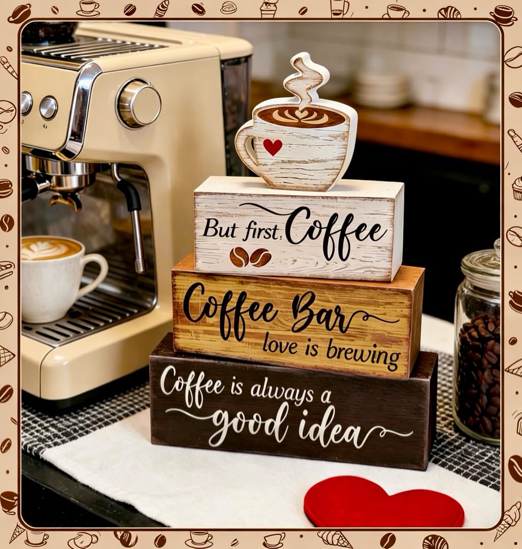 4 Pcs Wooden Coffee Bar Decorations Rustic Coffee Bar Signs for Tiered Tray Farmhouse Coffee Station Table Centerpiece Wood Bar Sign Gift Set Farmhouse Decor for Home Kitchen Tabletop