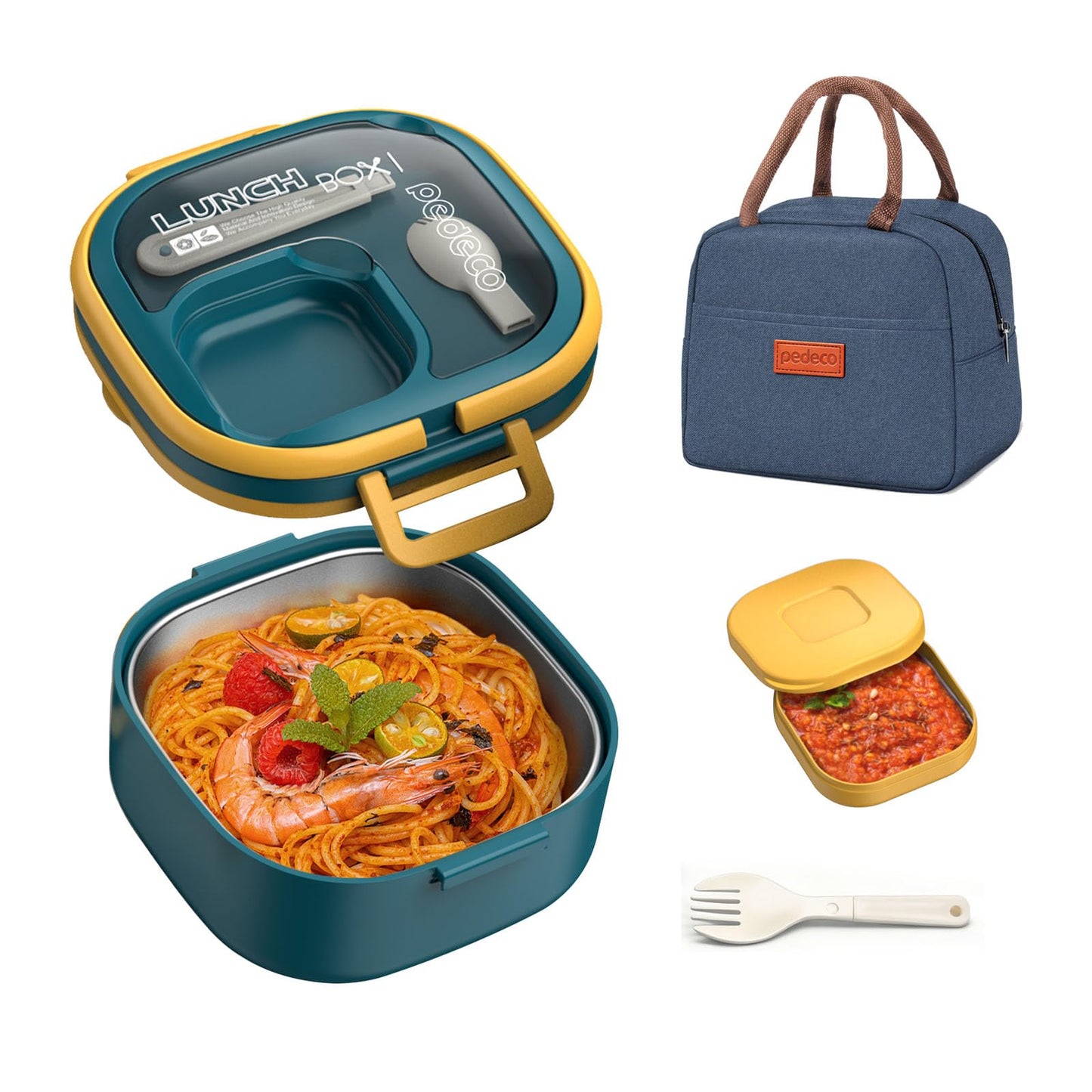 PEDECO Stackable Stainless Steel Bento Box with Insulated bag,Adult & Kids Luch Box,Leak-Proof,1-Tier Bento box,Lunch Box With Portable Sauce Pod and Cutlery-for Teens/Toddler,Dishwasher Safe,Blue