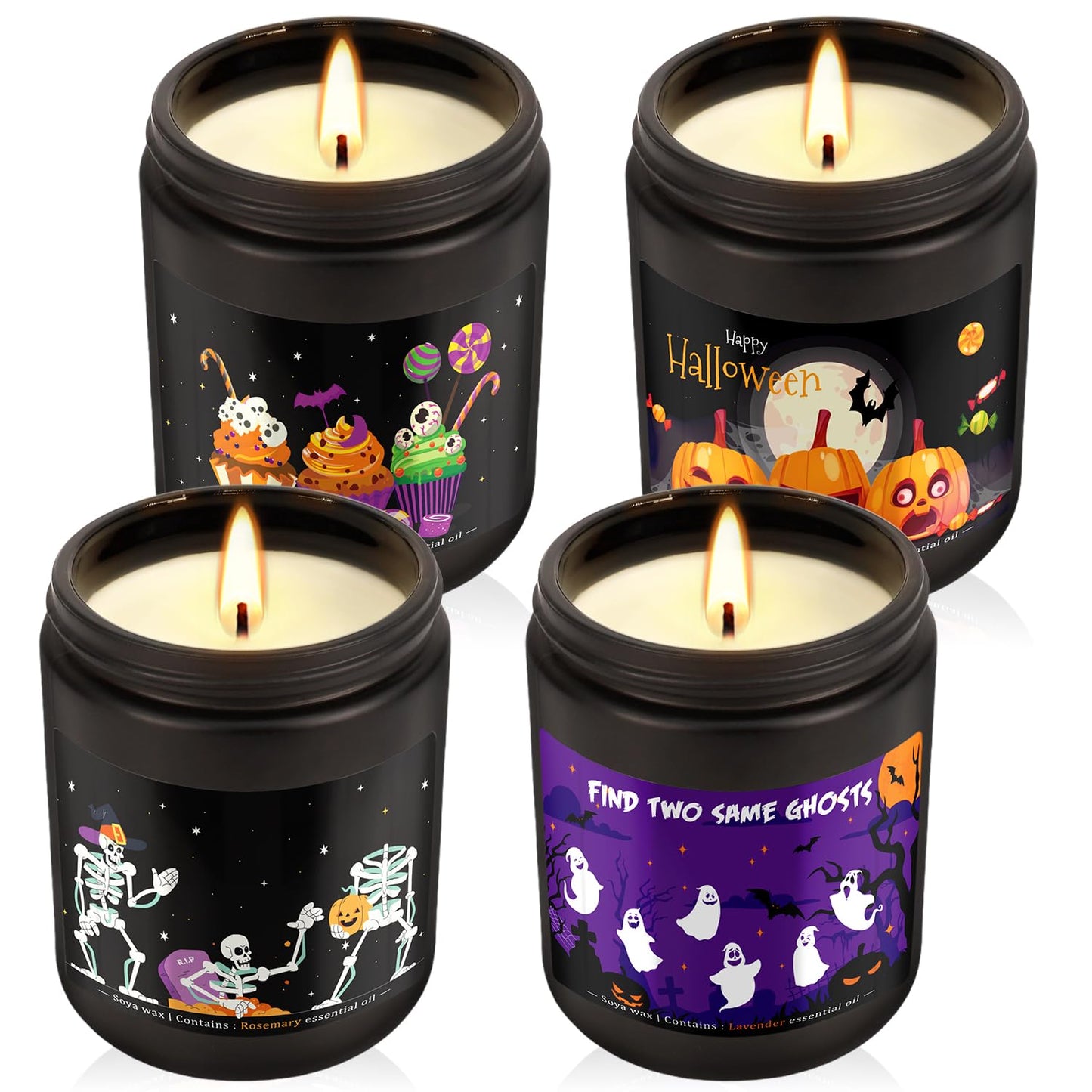 Wfmolcand Halloween Scented Candles Set, 4 Pack (7oz Each) Soy Wax Candles with Pumpkin, Ghost, Skeleton Designs, Perfect for Halloween Decor, Gifts and Aromatherapy.