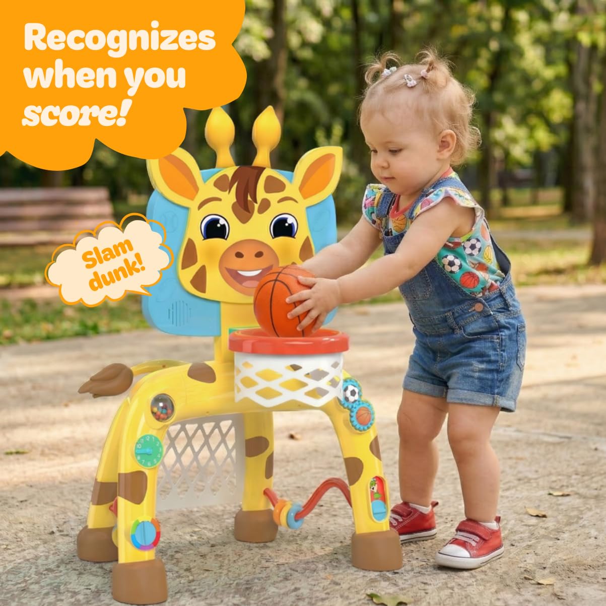 Move2Play, Giraffe Basketball Hoop & Soccer Goal Activity Center | 30+ Sounds & Songs + 5 Lights | 1 2 3 Year Old Birthday Gift for Boys and Girls | Toy for Baby & Toddlers (Yellow)