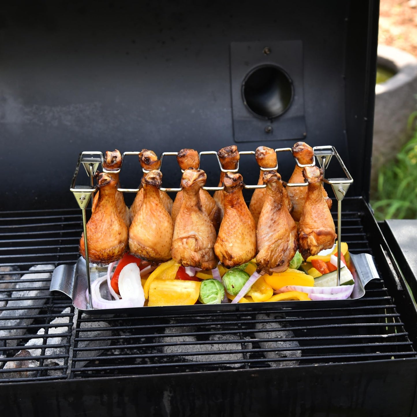 RTT Chicken Leg Rack for Grill with Drip Tray - Easy to Use 12 Slots Chicken Wing Rack - Premium Stainless Steel Chicken Drumstick Rack for Smoker - Chicken Drumstick Holder for Grill Accessories