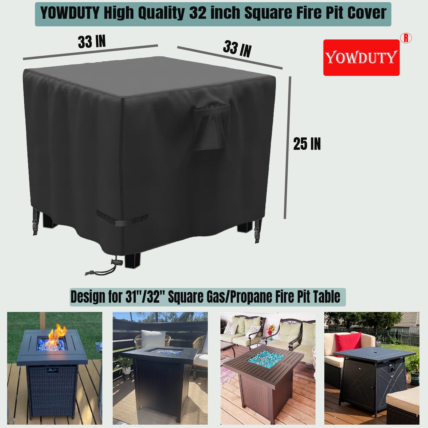 YOWDUTY Propane Fire Pit Cover Square 32 Inch, Waterproof Heavy Duty 600D Gas Fire Pit Table Cover 32 x 32 x 25 Inch, Fit 28/29/30/31/32 Inch Firepit Table, All-weather Protection For Patio