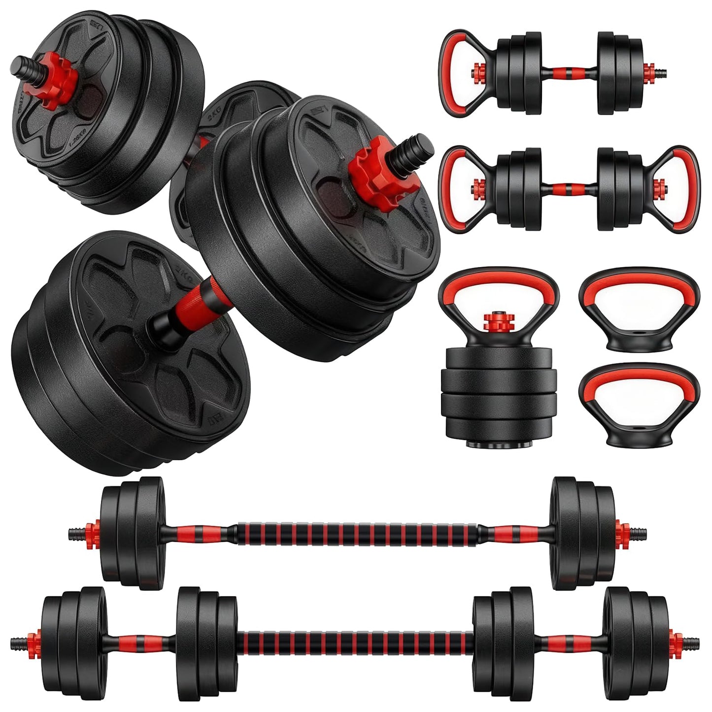 KEY2FUN Adjustable Dumbbells, 22/33/44/66/88LBS Free Weight Set with Connector, 4 in 1 Weight Set Used as Kettlebells, Barbell, Push up Stand, Fitness Exercises for Home Gym Suitable Men/Women (88, Pounds)