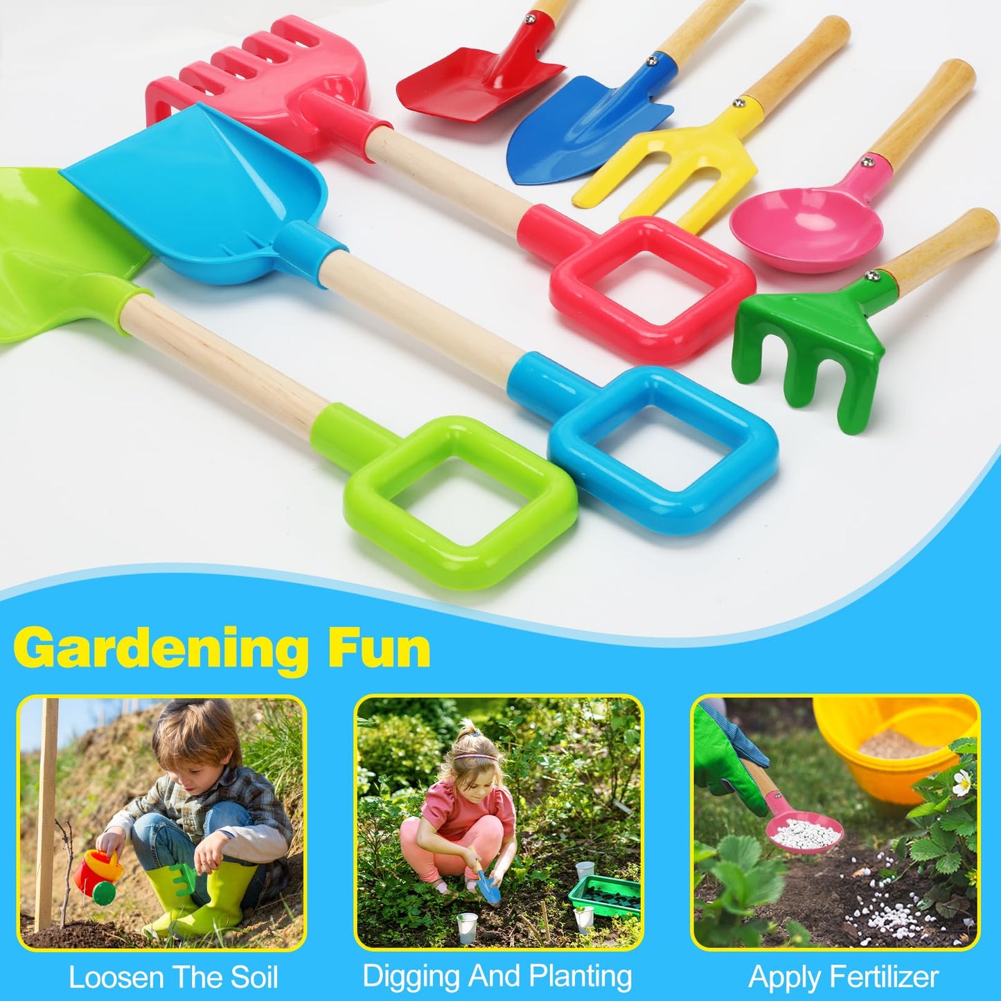 8 Pack Beach Sand Toy 16 Inch Long Beach Shovel Spade Sand Rake with Sturdy Wooden Handle Kid Garden Tools Spoon, Fork, Rake, Spade, Pointed Shovel Kids Gardening Set for Digging Dirt Snowing Planting