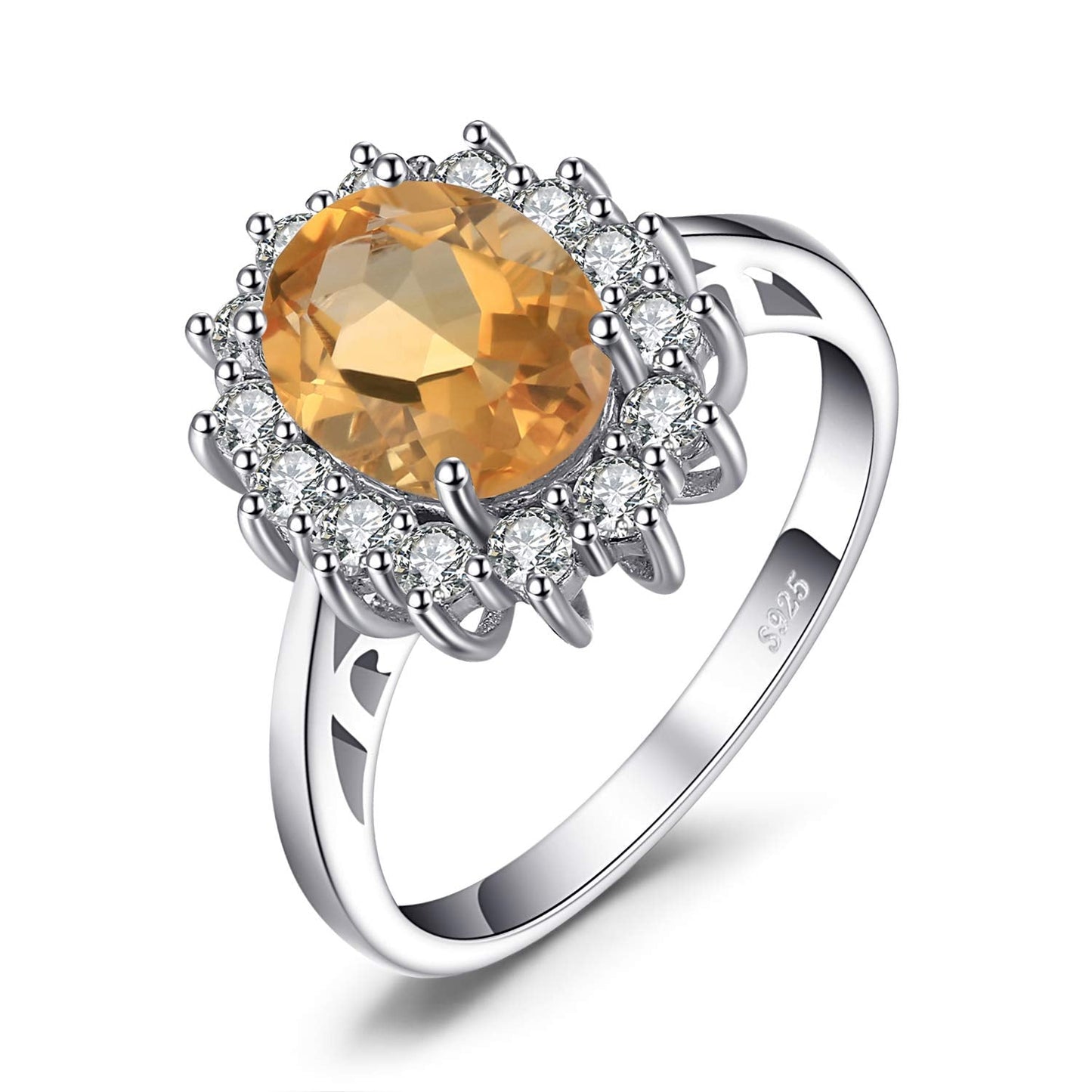 JewelryPalace Princess Diana Kate Middleton Gemstone Birthstone Yellow Amethyst Halo Statement Engagement Rings for Women, 14K White Gold Plated 925 Sterling Silver Promise Rings for Her Size 10.5