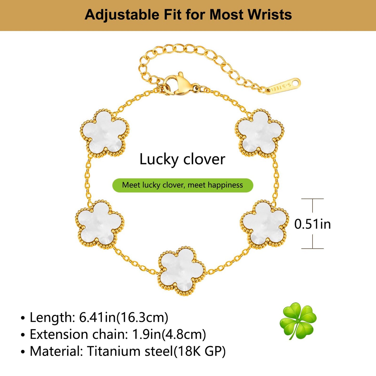 Eclatienne Four Leaf Clover Bracelet Set for Women – 2PCS Black & White 18K Gold Plated Lucky Flower Charm Bracelets, Adjustable Stainless Steel Gold Charm Bracelet Jewelry Gift