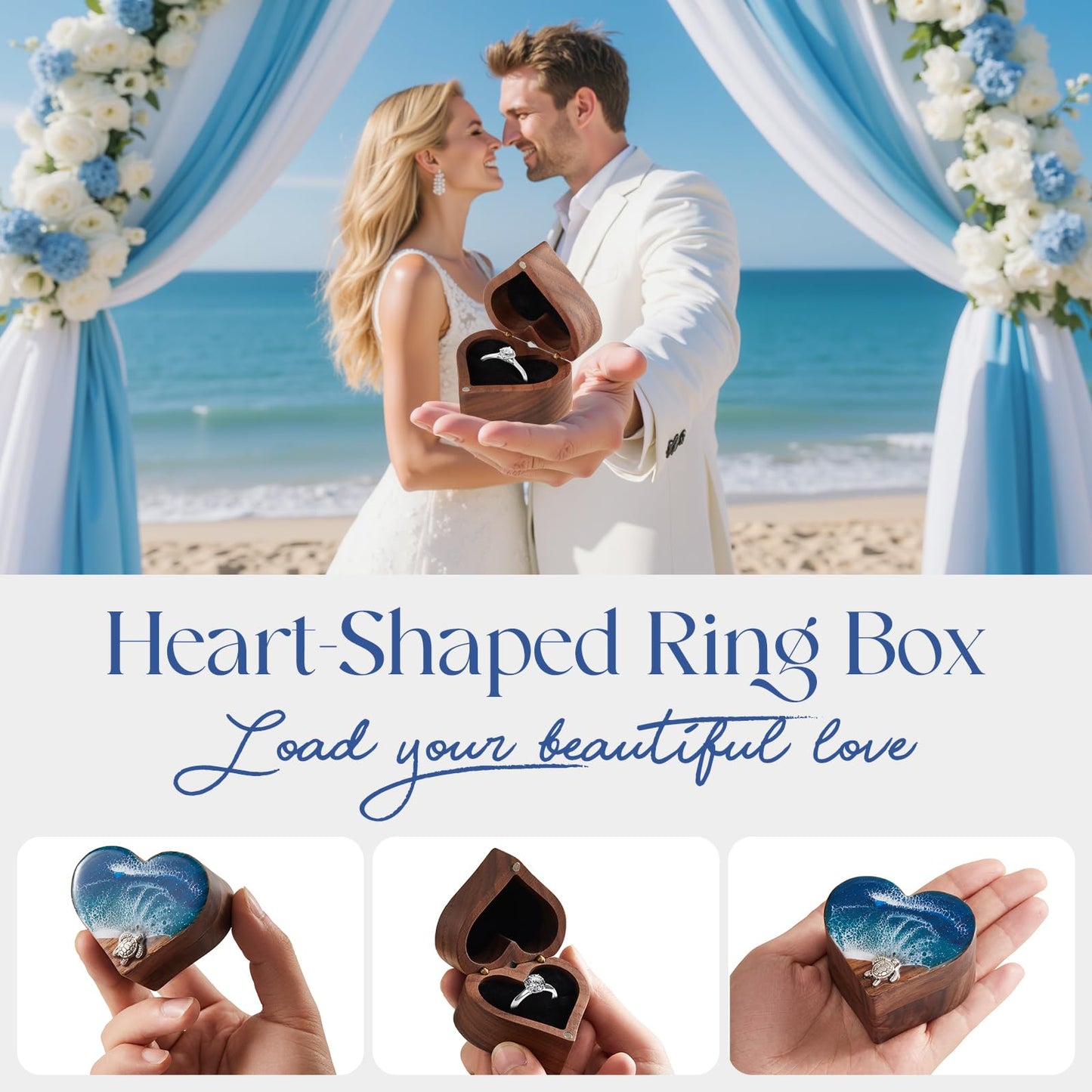SAMAH Ocean Resin Heart Engagement Ring Box, Birthday Gifts for Women Mom, Personalized Walnut Wooden Ring Box, Ring Display Box for Proposal, Wedding, Anniversary, Valentine's Day, Mothers Day Gifts