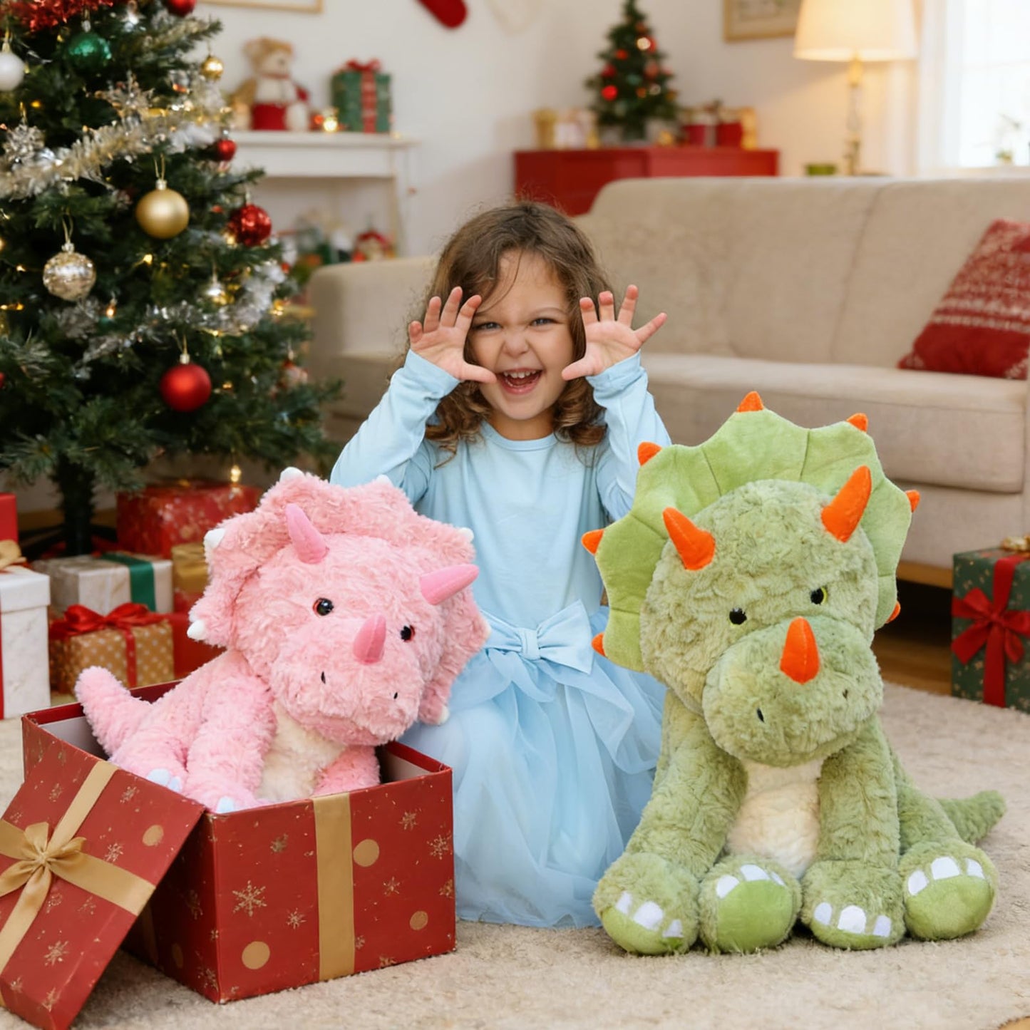 Tezituor Large Pink Dinosaur Stuffed Animals, 24inch Large Stuffed Dinosaur Plush Toys for Boys Girls, Hugging Soft Dino Triceratops Plush Pillow Praty Valentine's Day Gift for Girlfriend