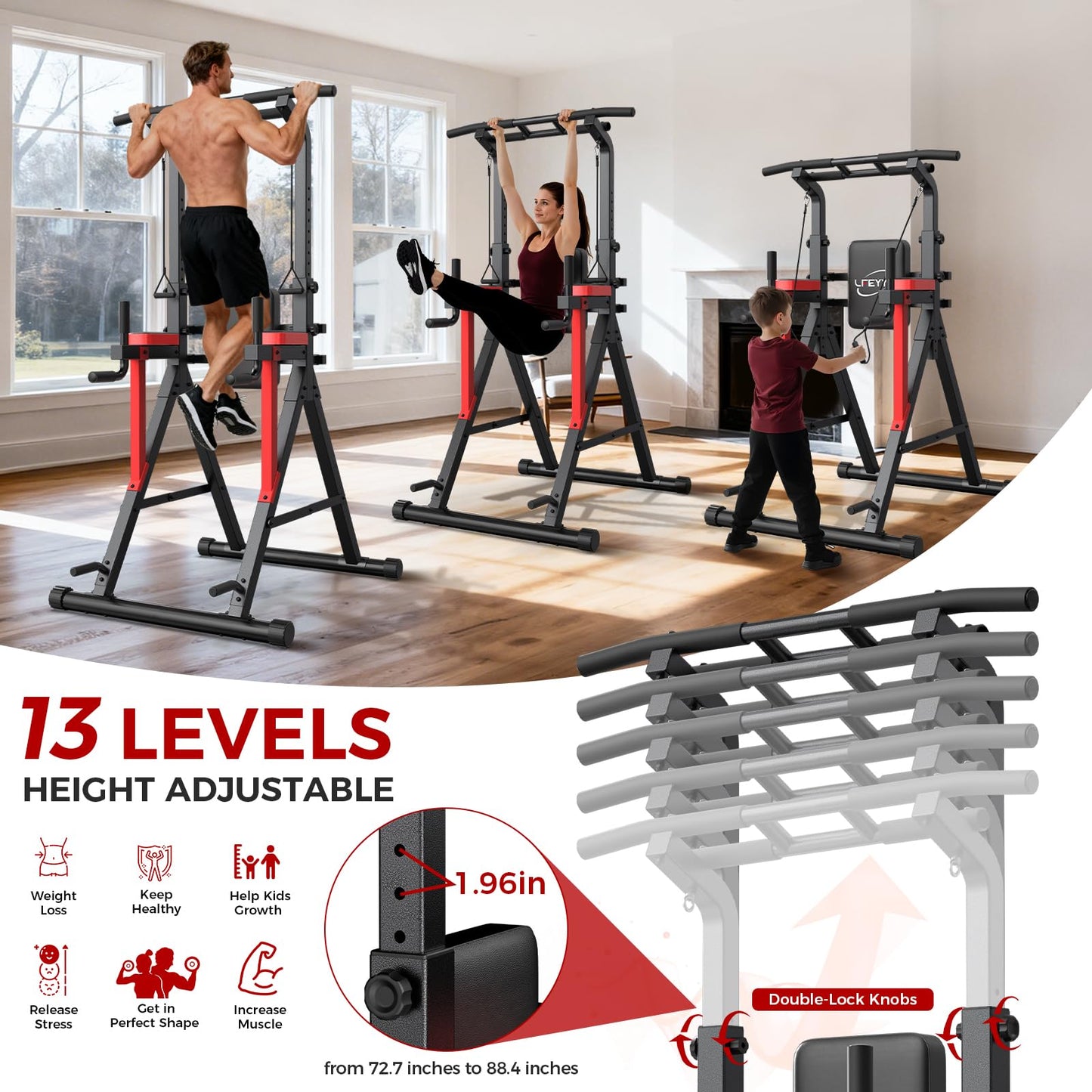 Power Tower Pull Up Bar Free Standing,13-Level Adjustable Height Dip Station with X Frame Stability, Multi-Grip Handles,Backrest，Home Gym Strength Training Equipment 400LBS Capacity