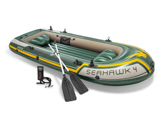 INTEX 68351EP Seahawk 4 Inflatable Boat Set: Includes Deluxe 54in Boat Oars and High-Output Pump – SuperStrong PVC – Fishing Rod Holders – 4-Person – 1050lb Weight Capacity