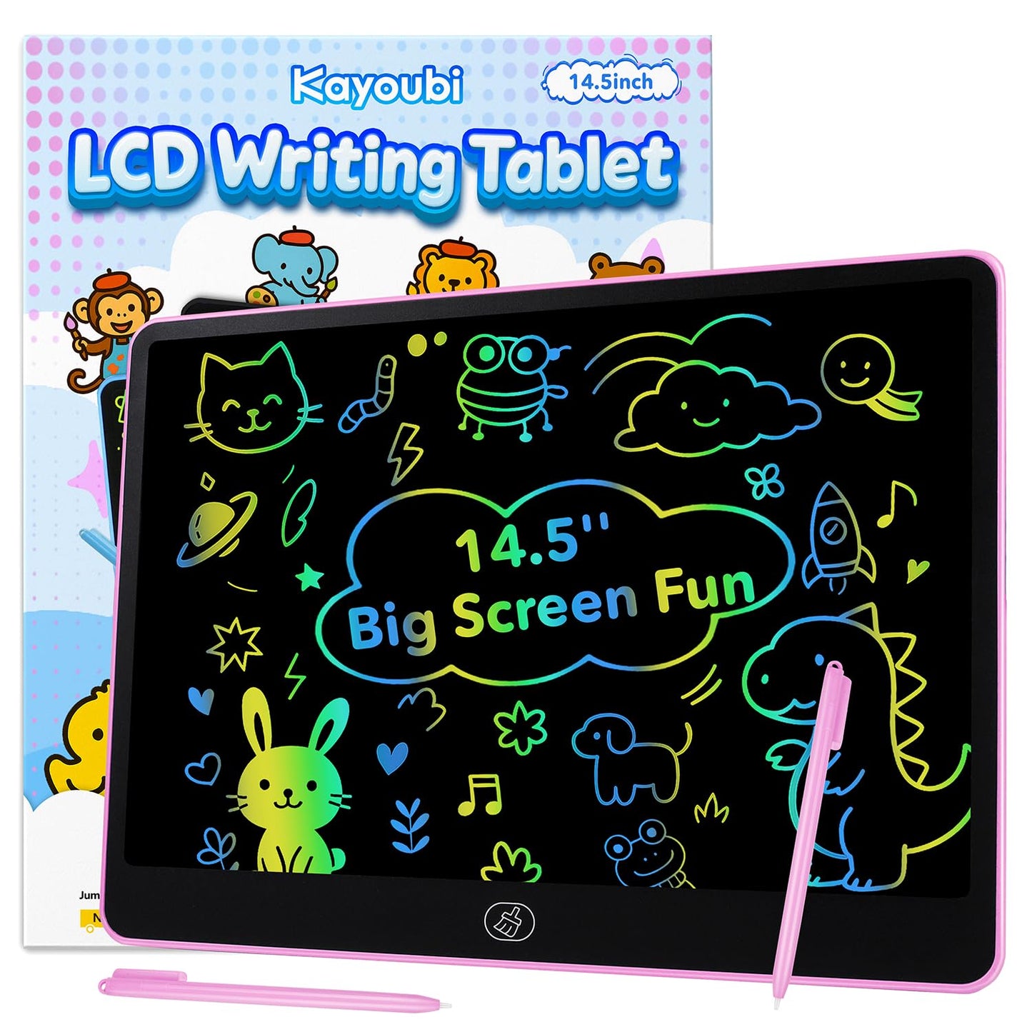 Kayoubi LCD Writing Tablet for Kids, 14.5 Inch Jumbo Screen with Double Pen, No-Mess Reusable Colorful Doodle Board Toys, Gifts for 3 4 5 6 7 8 Year Old Boys & Girls (Pink)