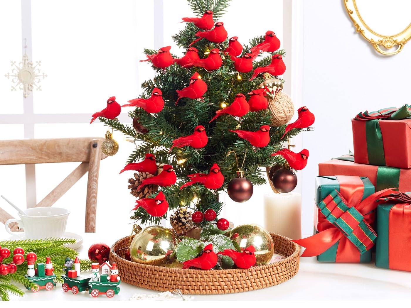 NUKAYAI 24Pcs Cardinal Bird Clip Decor, Mini Clip on Red Bird Decortaion for Christmas Tree, DIY Home Wreath Artificial Red Cardinal Gifts for Women Crafts Christmas Tree Ornament