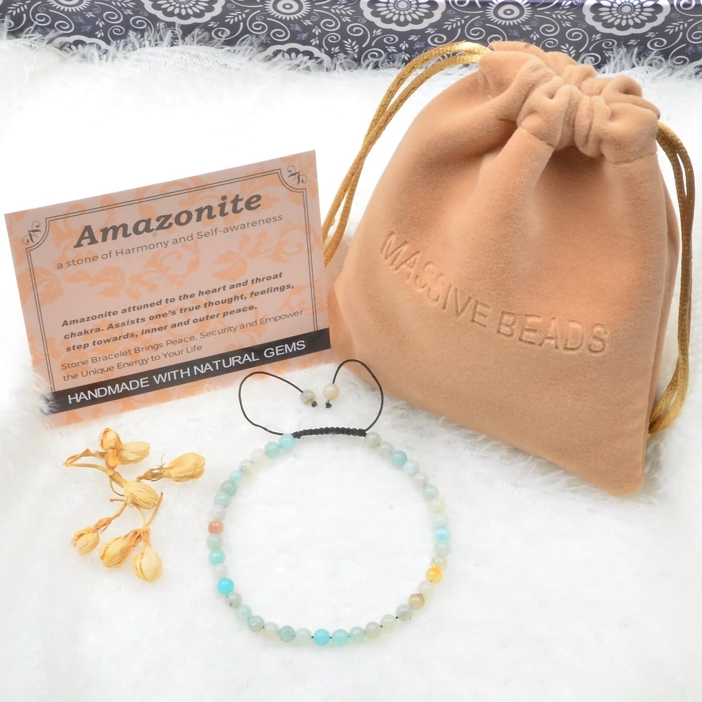 MASSIVE BEADS Multicolor Amazonite Stone of Harmony - Handmade Yoga Natural Stone Crystal Healing Power Energy Gifts for Unisex Adult Bracelet Macrame Adjustable 4mm