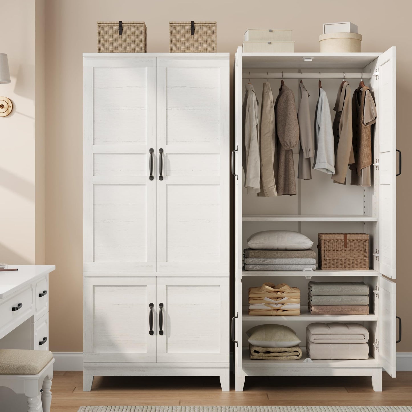 GarveeHome Armoire Wardrobe Closet with 4 Doors, 72 in Wooden Wardrobe Cabinet with Hanging Rod, Freestanding Tall Clothing Armoire Storage Cabinet with Adjustable Shelves for Bedroom, Rustic White