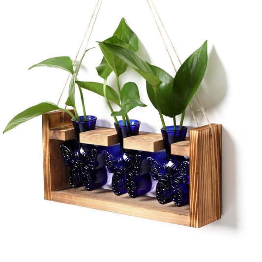 Glass Plant Propagation Station Butterfly Planter Vase with Wooden Stand Birthday Gifts for Women Mom Plant Lovers Office Home Decoration