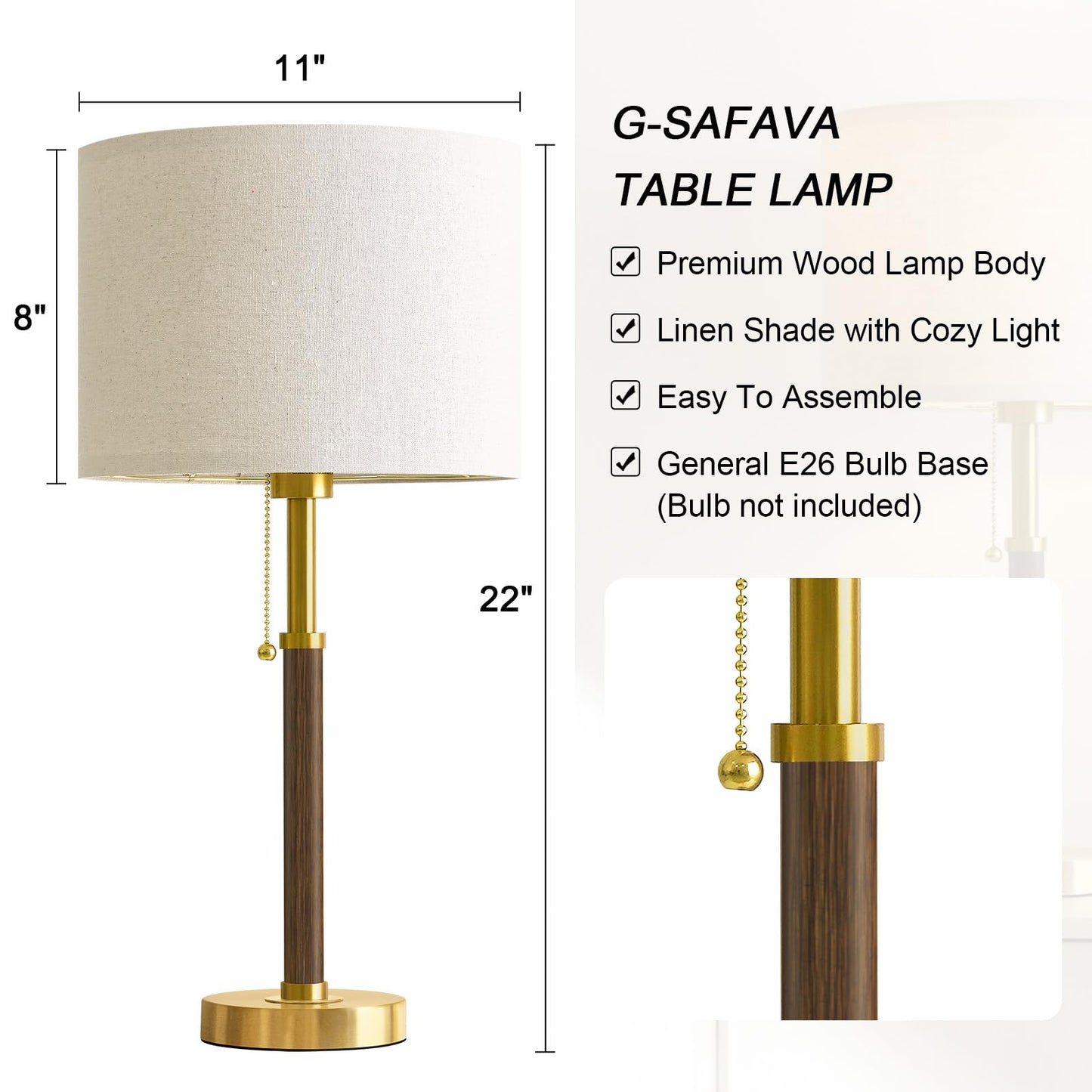 G-SAFAVA 22" Table Lamps Mid Century Modern Lamps for Bedroom Living Room Bedside Lamps for Night Stands Wood Nightstand Lamp Gold Small Side End Table Lamps Set of 2 Vintage Home Deco Office Gifts