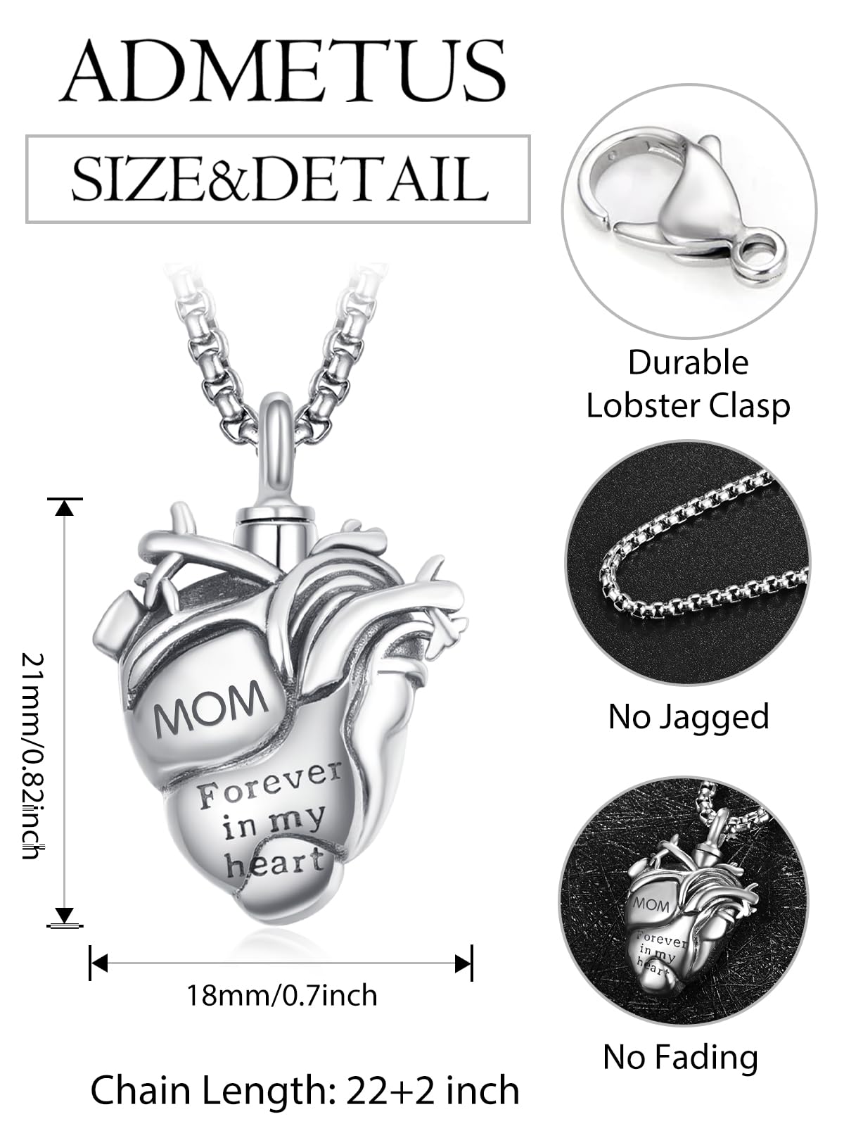 Personalized Anatomical Heart Urn Necklaces for Ashes Sterling Silver Ash Pendants Cremation Jewelry Mom Keepsake Pendant Memorial Jewelry Gifts for Loss of Mom