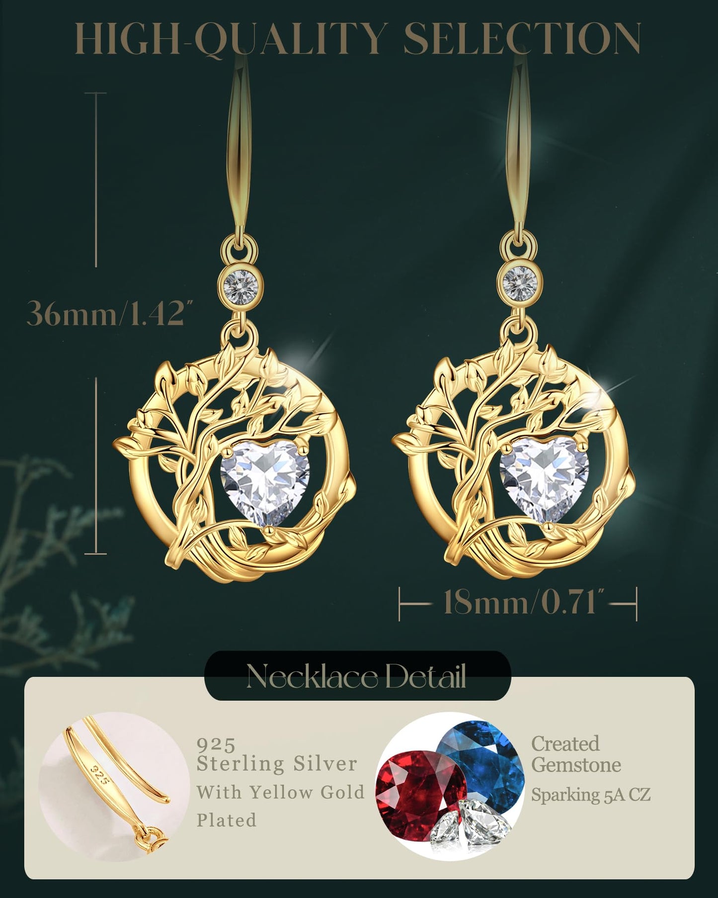 FANCIME Tree of Life Earrings 925 Sterling Silver Yellow Gold Plated CZ Cubic Zirconia Dangle Drop Simulated Diamond Earring April Birthstone Fine Jewelry Birthday Mothers Day Gifts for Mom Women