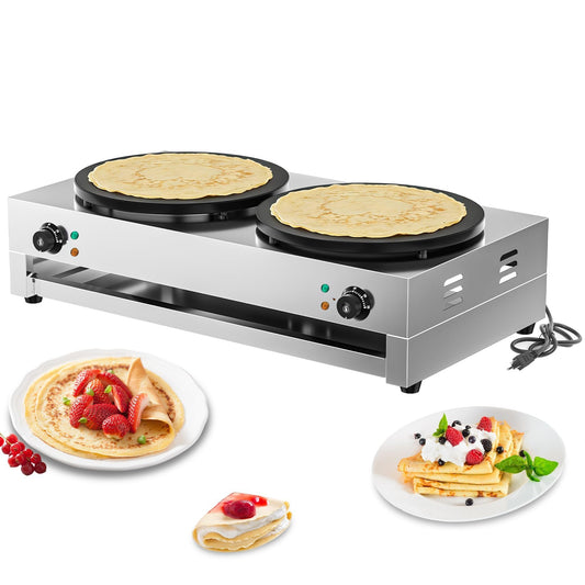 Culistra 16 Inch Commercial Crepe Maker, Dual-Head, Dual Zone Temp Setting, Nonstick Pancake Griddle Machine, 50-300°C(120-570℉), 3400W, S.S. Shell, for Catering, Restaurant, Snack Stand, CE Certified