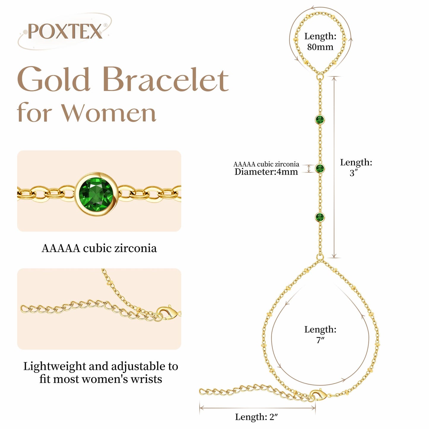 Poxtex Gold Bracelets for Women Waterproof, Gold Green CZ Diamond Bezel Hand Chain Bracelets, Dainty Adjustable Bracelets for Women Trendy, St Patrick's Day Jewelry Gifts for Women
