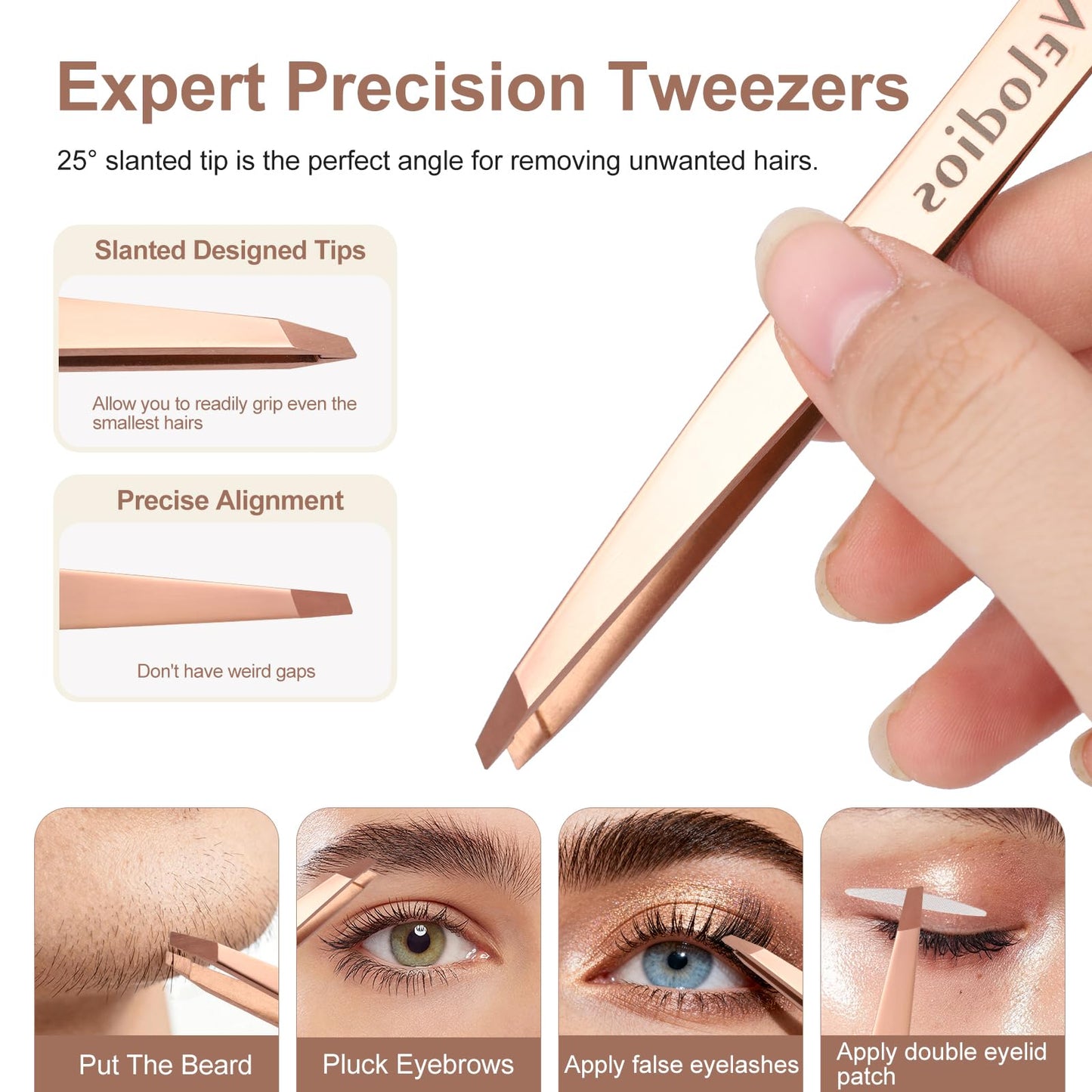 Velodios 2-Pack Precision Tweezers for Eyebrows, Facial Hair, Ingrown Hair Removal, Professional Stainless Steel Eyebrow Tweezers for Women and Men, Tweezer Set with PU Travel Case