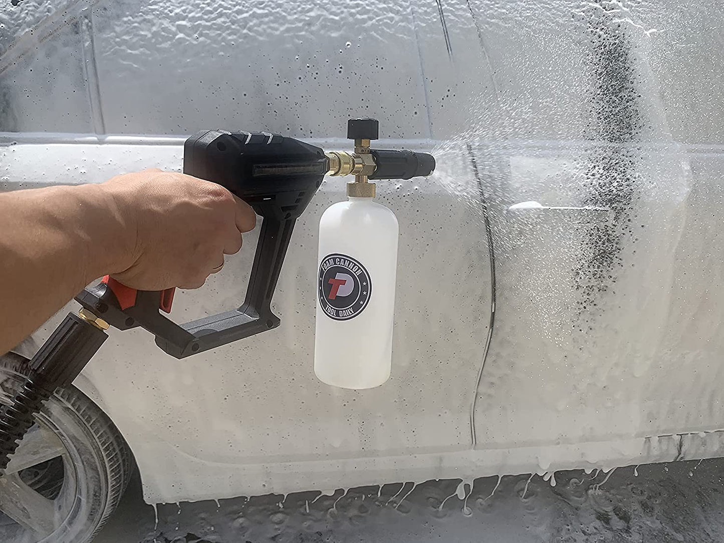 Tool Daily Short Pressure Washer Gun with Foam Cannon, 1/4 Inch Quick Connector, with 5 Pressure Washer Nozzle Tips, 1 Liter