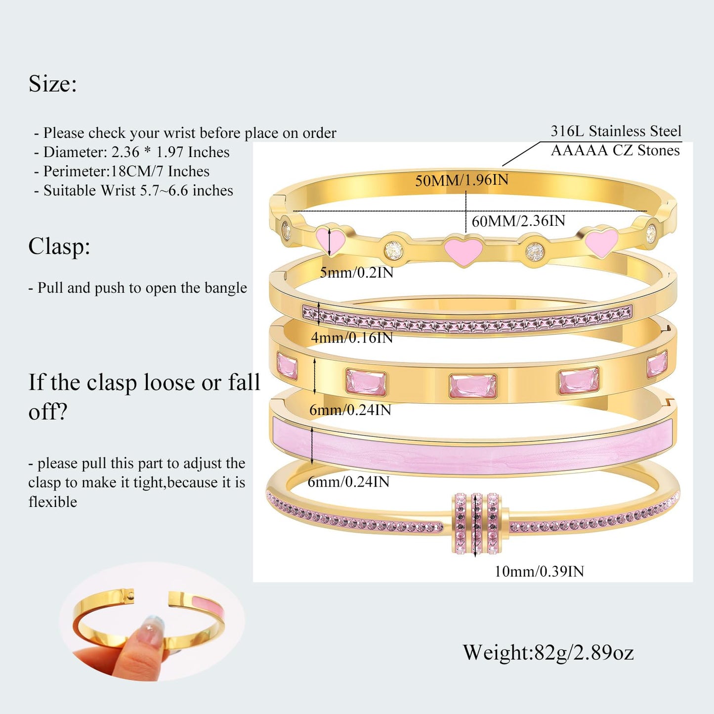 Camhanno 18K Gold Plated Stainless Steel 5-Piece Gold Bangle Bracelet Set for Women - Pink Crystal Friendship & Love Heart Design, Stackable Bangles Jewelry - Ideal Birthday Gift for Women (Pink)