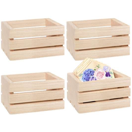 4 Pack Mini Rustic Wooden Crates, Decorative Wood Crates Unfinished Wood Box, Crate Box Wooden Storage Box for Kitchen, Office, Bedroom, Closet, Rustic Country Decor