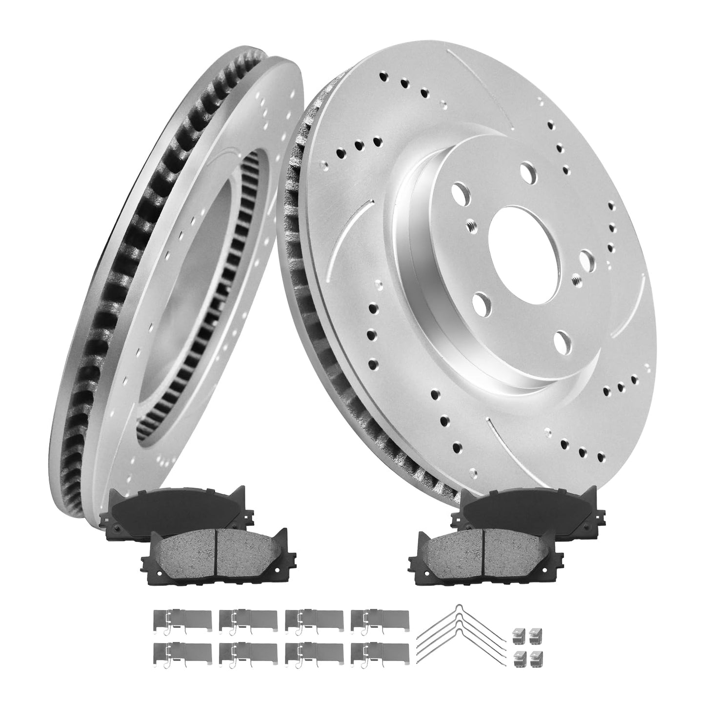 MOTOREVO Front Brake Rotors Kit for Camry [2007-2017] High-Carbon Alloy Drilled & Slotted Brake Pads and Rotors Kit | Tailored Ventilation Enhanced Braking Performance|GEOMET Coated App Universal