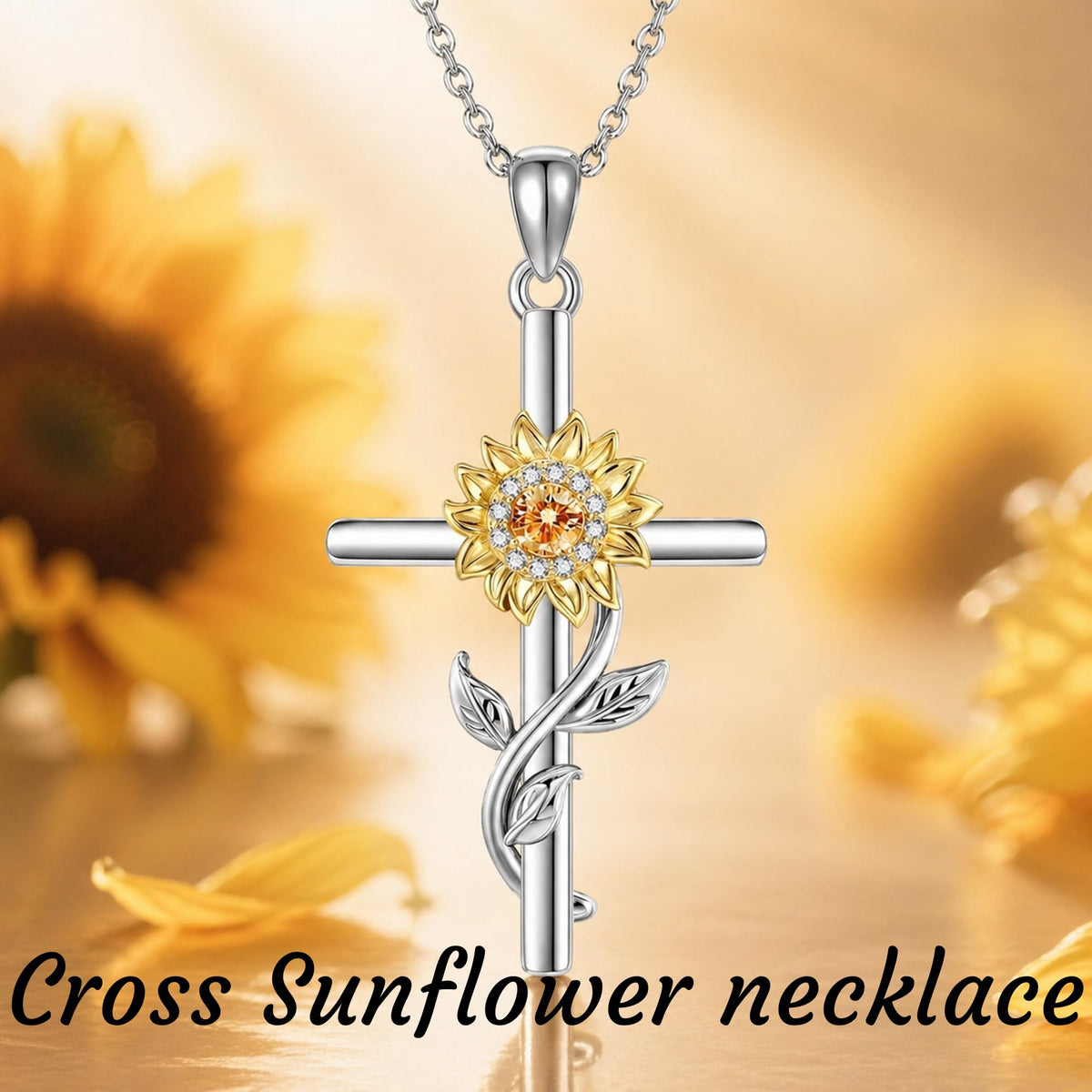 SNOWELLE Cross Sunflower Necklace for Women 925 Sterling Silver Dainty Sunshine Pendant Jewelry Gifts for Women