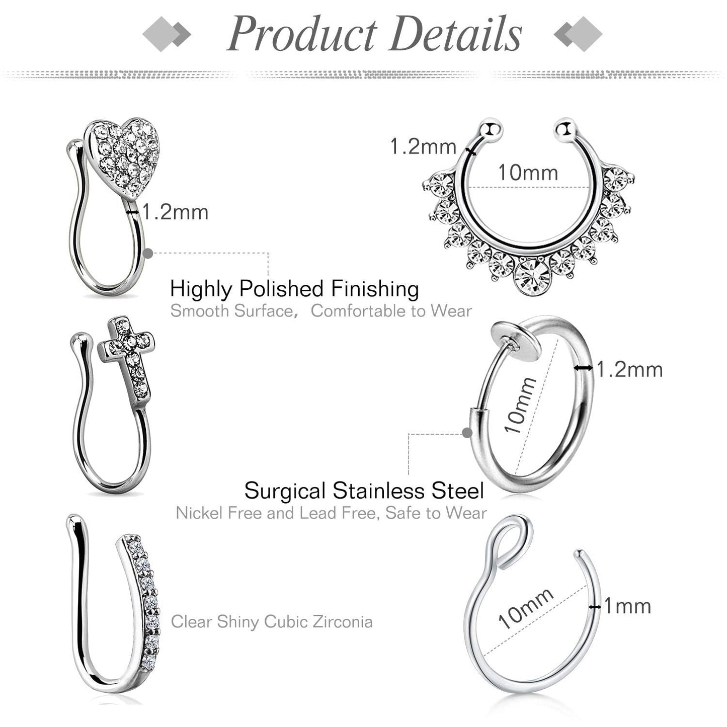 JFORYOU 6Pcs Nose Rings Fake 16G Stainless Steel Inlaid CZ Faux Piercing Jewelry Spring No Pierced Septum Clip on Circle Hoop For Women Men