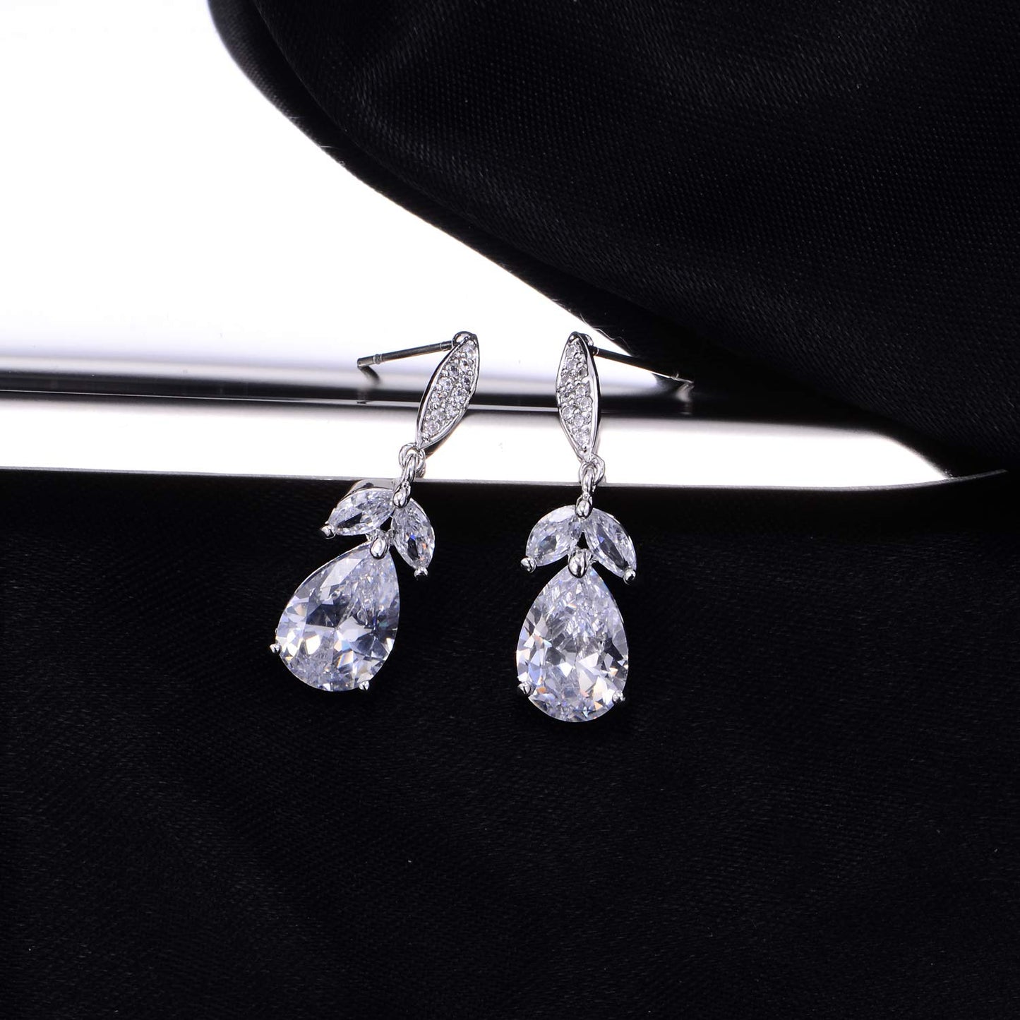 Women's Cubic Zirconia Bridal Earring - Elegant 14k White Gold Plated Teardrop Cluster Floral Leaf CZ Crystal Rhinestone Wedding Bride Bridesmaids Mother of Bride Party Prom