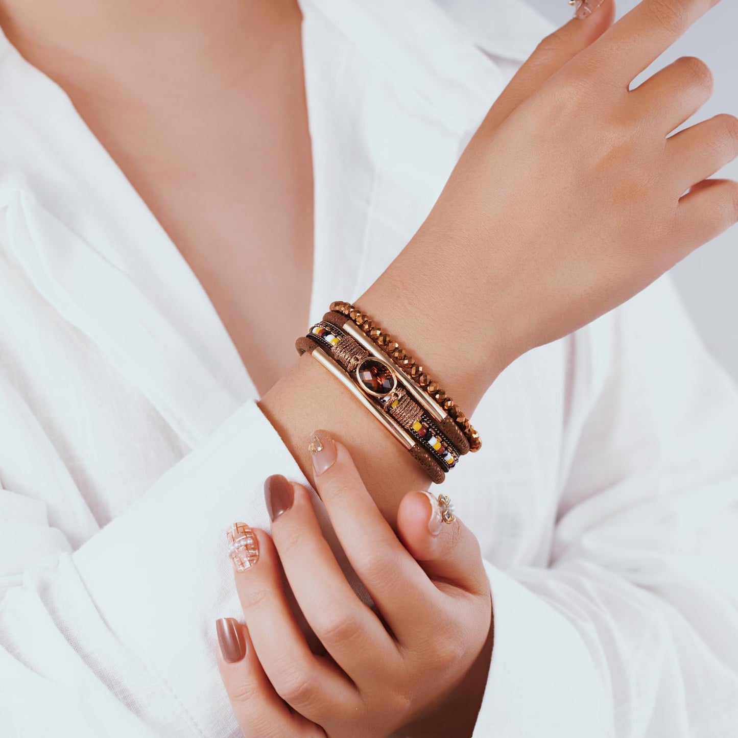 Becklynn Boho Leather Wrap Bracelets Beaded Crystal Stackable Cuff Bracelet with Magnetic Clasp Cowboy Cowgirl County Concert Outfits Western Jewelry Gifts for Women(Crystal Brown)