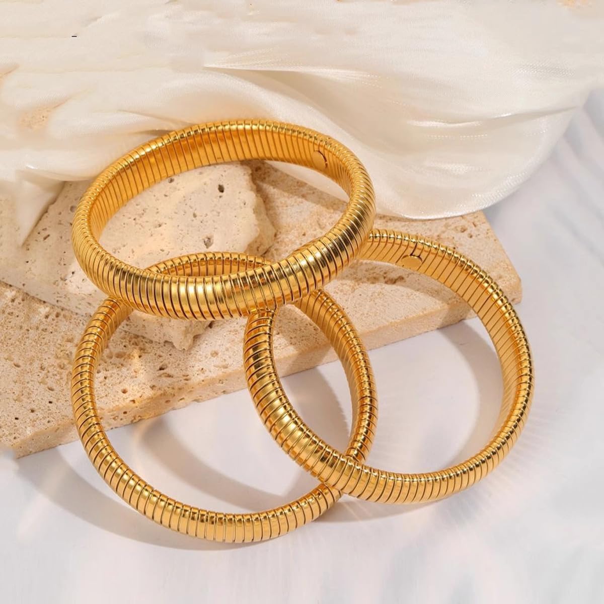 JUNYANGY Gold Bangles for Women Set of 3 Chunky Stretch Bangles Bracelets 24K Gold Plated Stainless Steel Bracelets Flexible Wide Stack Bracelets Designer Look Alike Jewelry for Women (12mm Gold)
