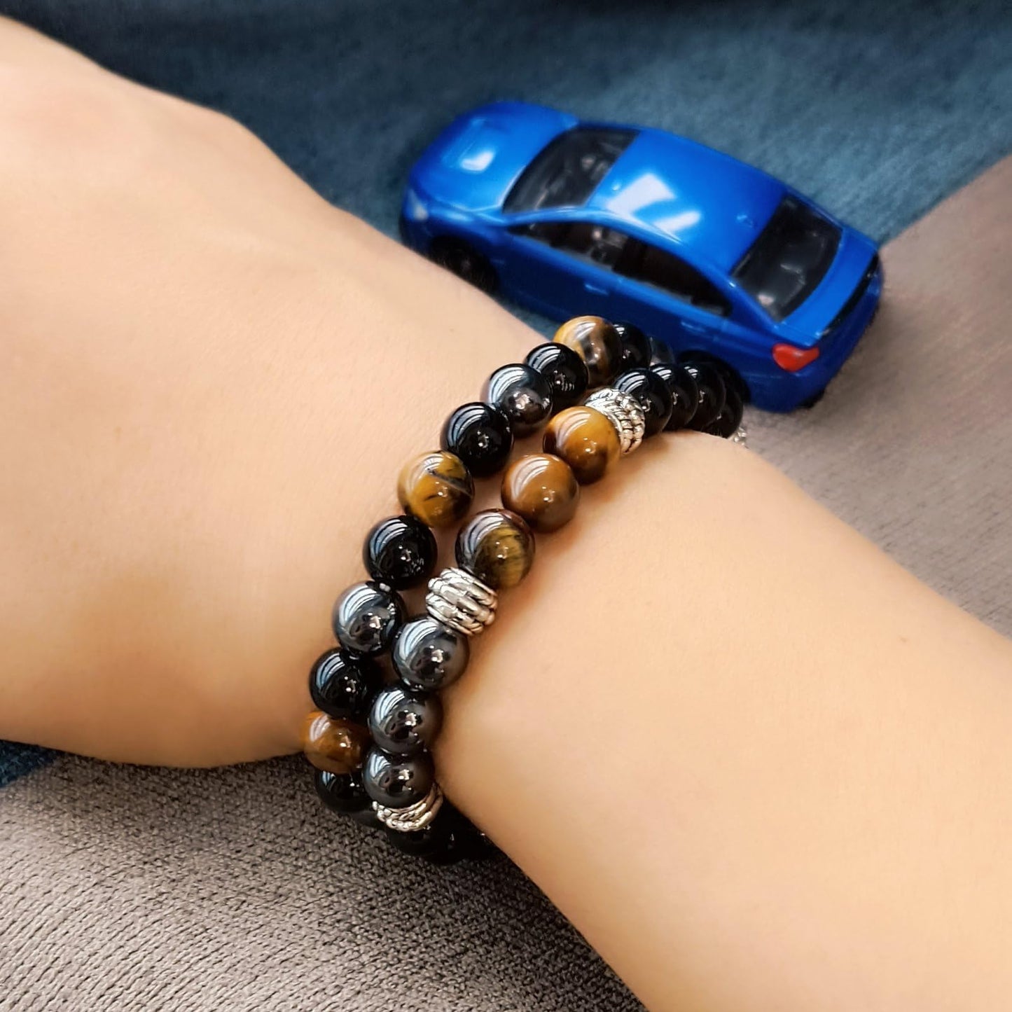 WEFRIN Triple Protection Bracelet for Bring Luck and Prosperity Hematite Black Obsidian Tiger Eye Stone Bracelets for Men Women, Beaded Buddha Healing Rope Uni Bracelet (2pcs) (B)