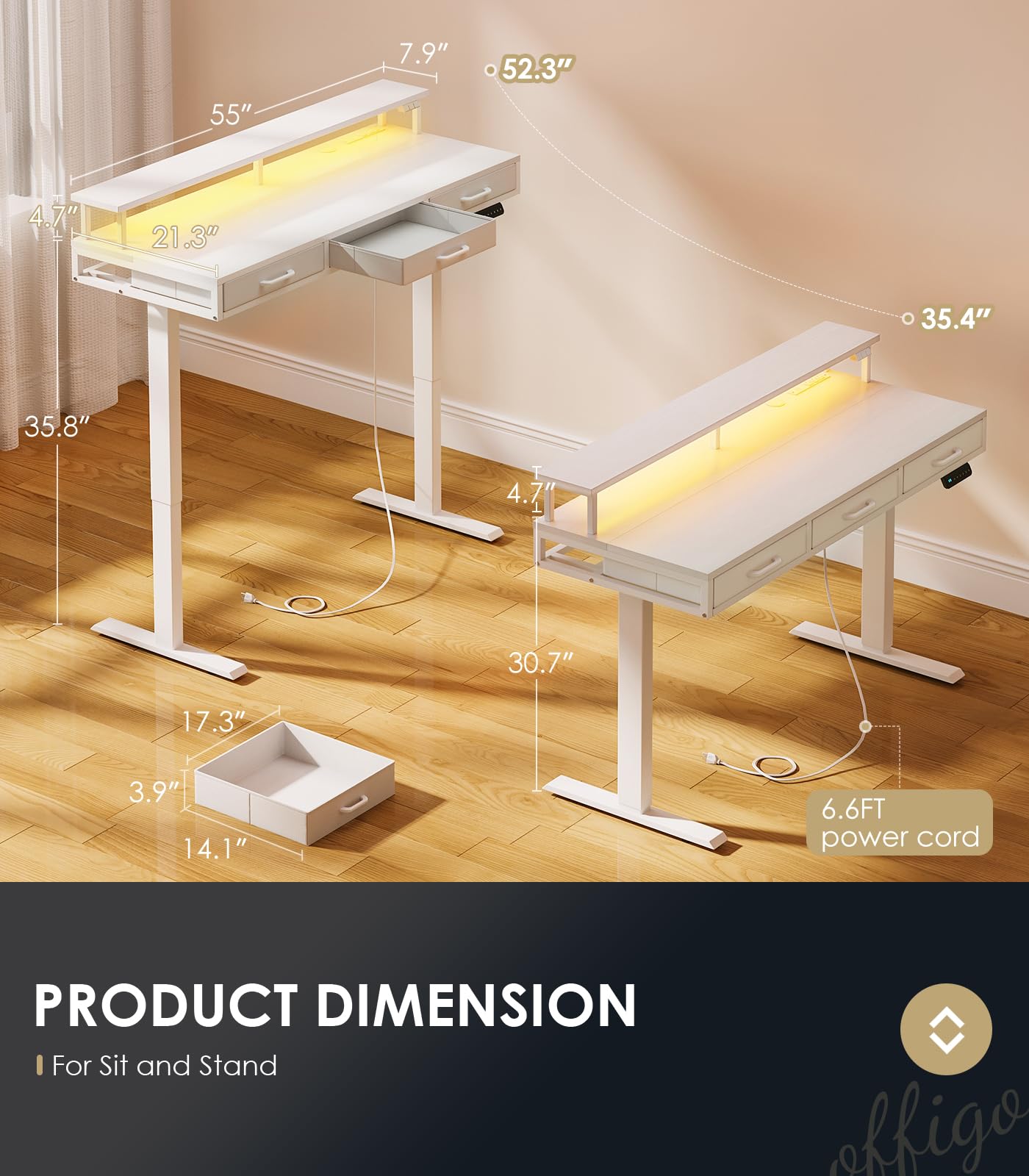 OffiGo Electric Standing Desk with Drawers, 55 Inch Height Adjustable Desk with Power Outlets & LED Lights, Sit Stand Table with Monitor Stand for Home, Office, Workstation, White