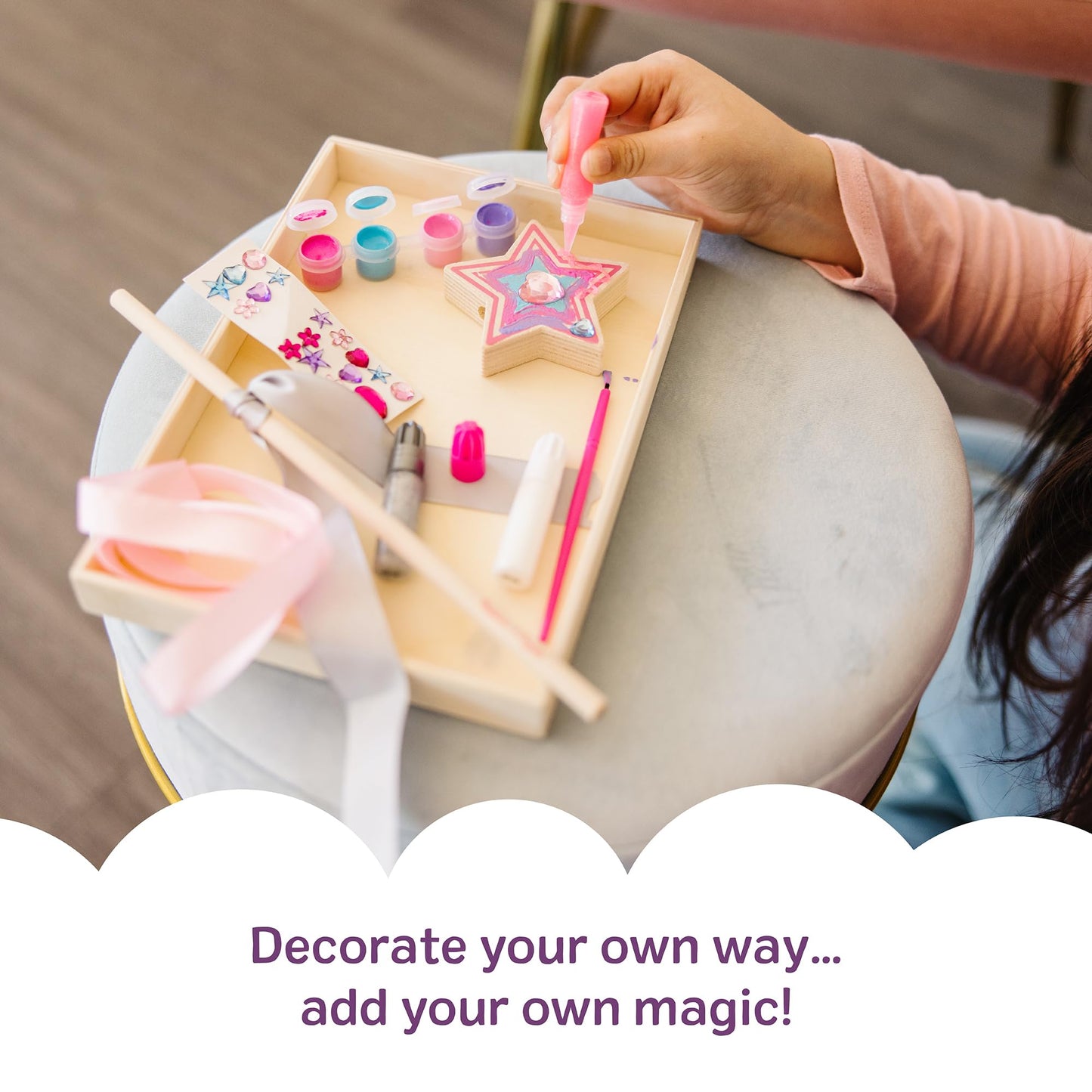 Melissa & Doug Created By Me! Paint & Decorate Your Own Wooden Princess Wand Craft Kit, Pink Princess Crafts Great for Rainy Days, Toys for Kids Ages 4+