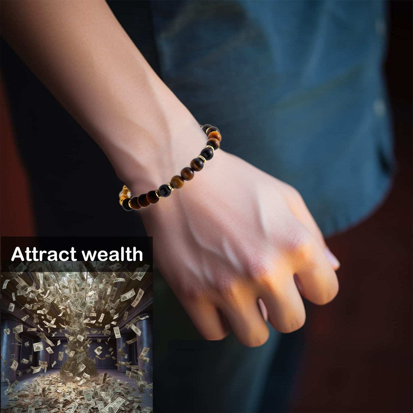 Cryhand Tigers Eye Protection Handmade Bracelet Best Present For Men Women Attract Wealth Chakra Feng Shui Stretchy Beaded Bracelets Lucky Friendship Bracelet