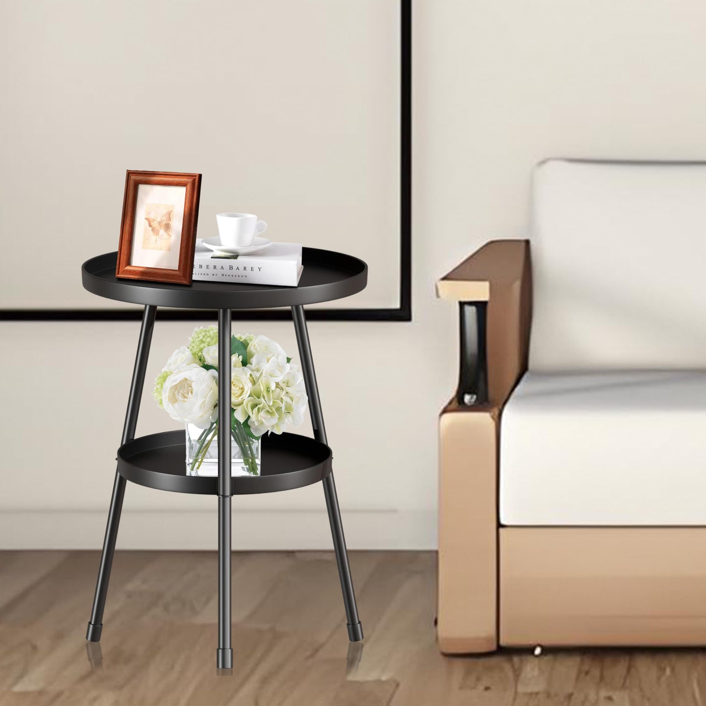 SYQ Round Metal Side Table Small End Table for Indoor Outdoor, Mid Century Modern Decor, Simple Circle Accent Table for Living Room Bedroom Bathroom Office All Matte Black