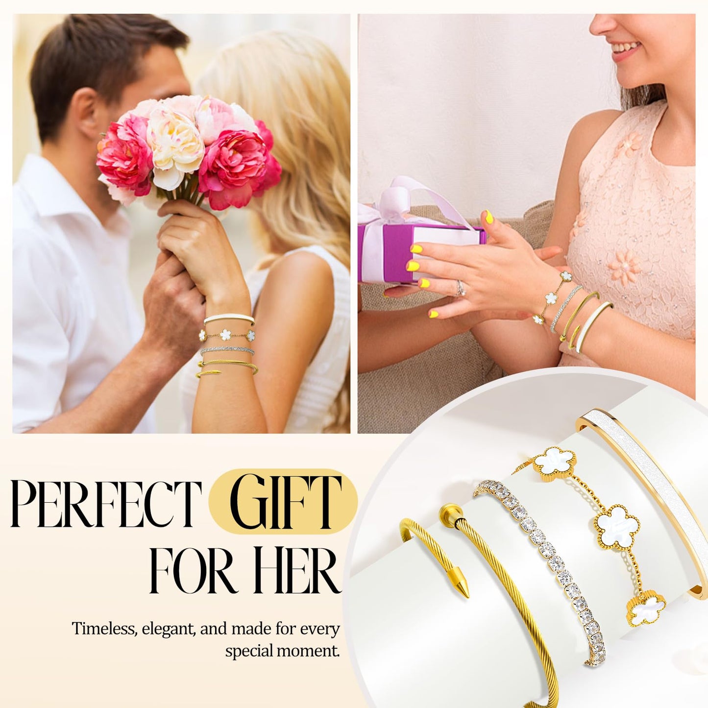 MOINSPIRE 18K Gold Plated Bracelets for Women, Stainless Steel Four Leaf Clover Tennis Nail Love Bangle Bracelets Set, Trendy Stackable Twist Cuff Bracelet Non Tarnish Jewelry Gifts for Christmas