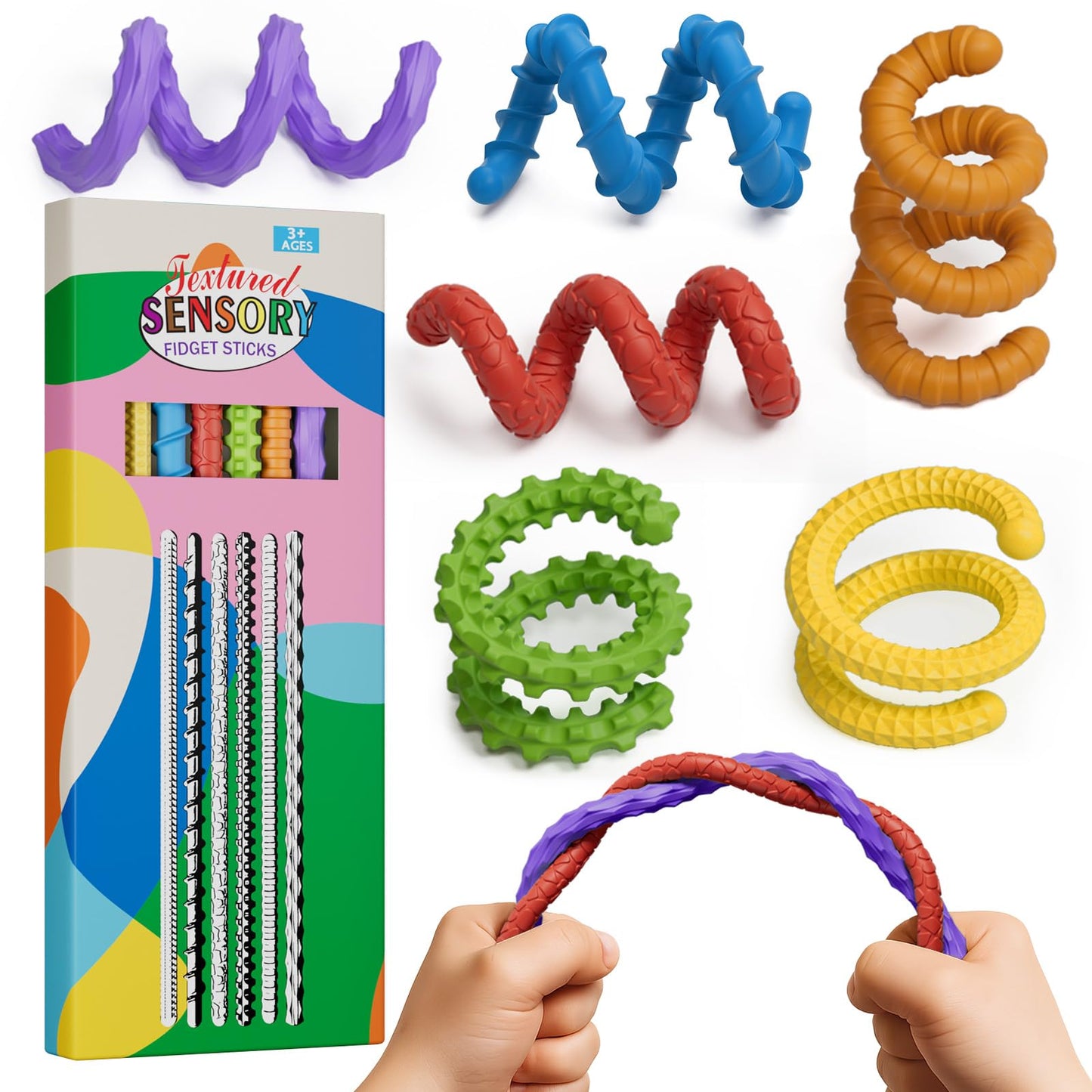 Flexible Sensory Fidget Sticks for Kids,6PCS Sensory Fidget Toys for Stress Anxiety Autistic ADHD,Calm Down Travel Airplane Essentials Toys,Stuffers Gifts for Teens Boys Girls