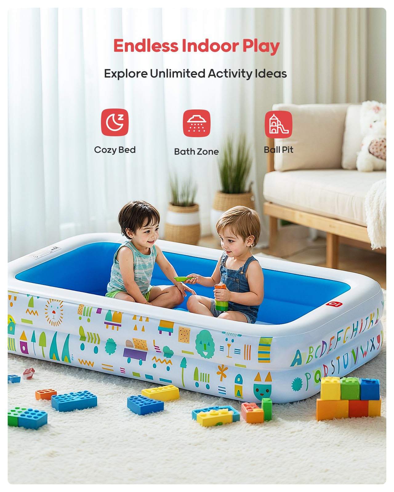 QPAU Kiddie Pool – 65" x 39" Inflatable Pool for Kids & Toddlers, Ball Pit & Baby Pool with Soft Cushioned Floor, Canopy for Sun Protection, Durable Outdoor Play Toys for Backyard & Indoor (Blue)