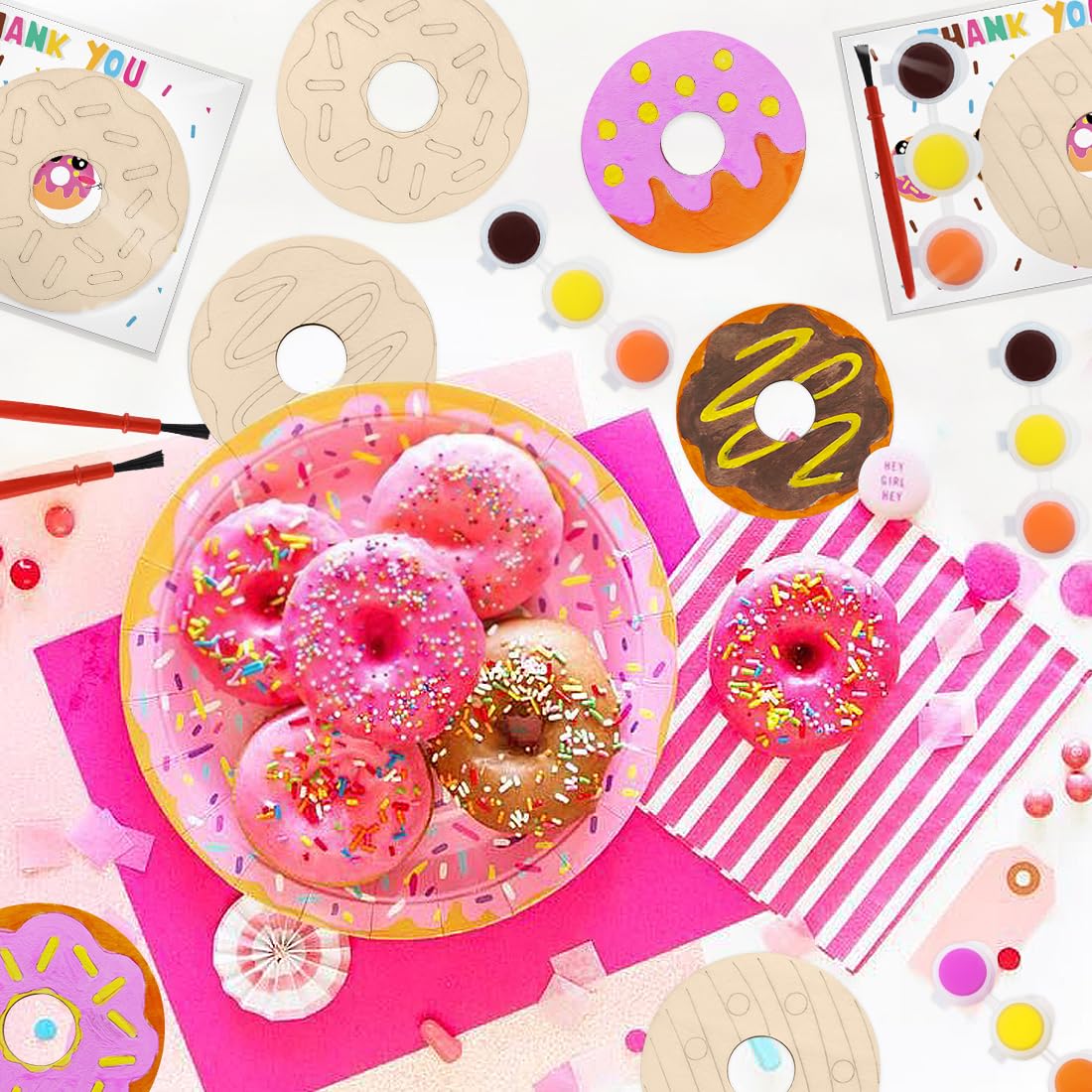 Jekocet ㅤ Sweet Donut Party Decorations 24 Pcs Wooden Donut Craft Kits to Paint with Thanks Card Donut Party Favors