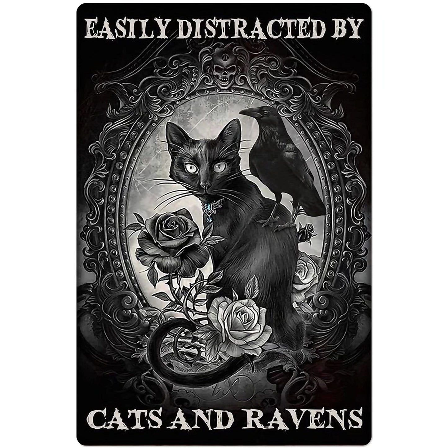 Black Cat Crow Metal Tin Sign,Easily Distracted by Cats and Ravens Room Decor Metal Wall Decoration Retro Bar Sign Home Kitchen People Cave Living Room Decoration Gift 8X12 Inch