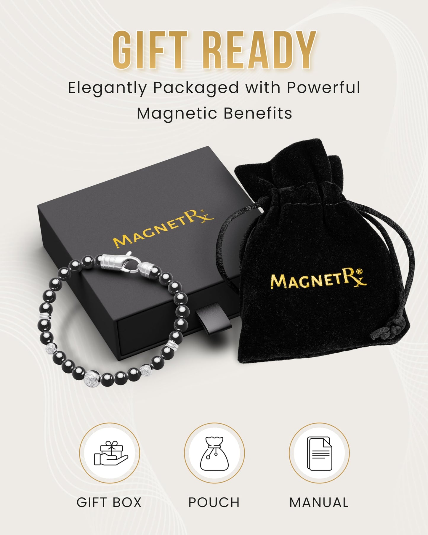 MagnetRX® Hematite Magnetic Bracelet – Max Strength Magnet Stones with Stainless Steel Charms – Elegant Magnetic Hematite Beaded Bracelets for Men (Armory | Large)