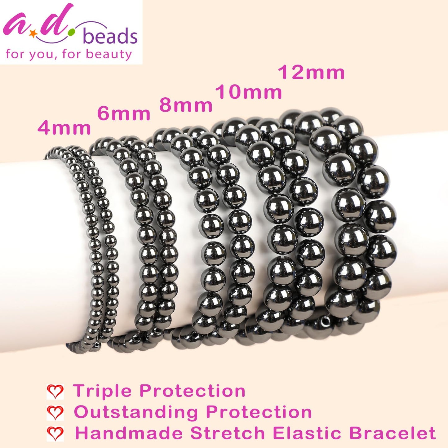 AD Beads Handmade Gemstone Stretch Elastic Bracelet Crystal Healing Reiki Nature's Beauty and Spiritual Essence Unisex (6mm, Hematite (Healing and Health))