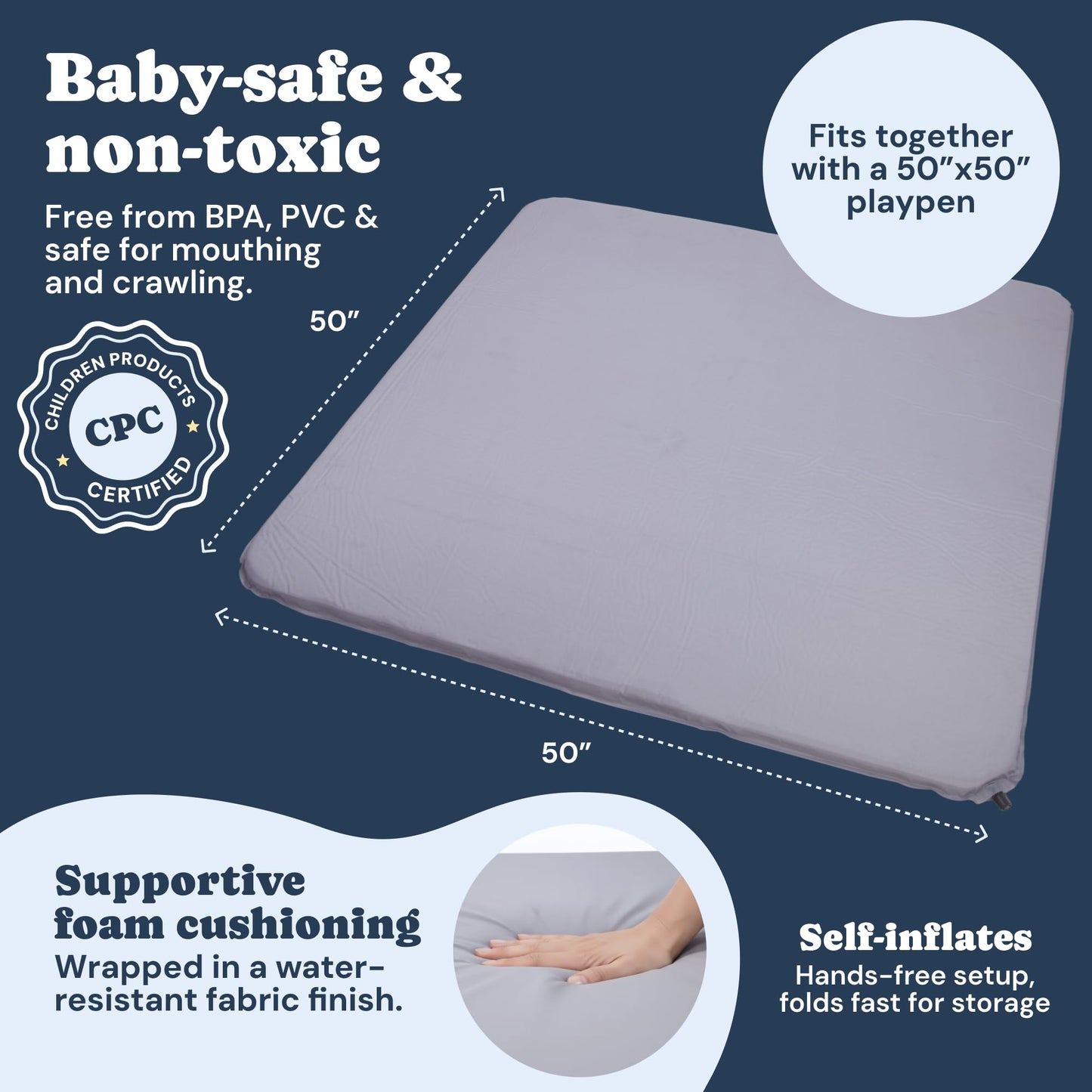 Todale Baby Play Mat, 50 x 50 Inches - Self-Inflating Foldable Foam Play Mat for Babies - Waterproof, Portable Floor Cushion for Playpen, Tummy Time & Christmas Gift Holiday Present Newborn Shower Toddler's Birthday.