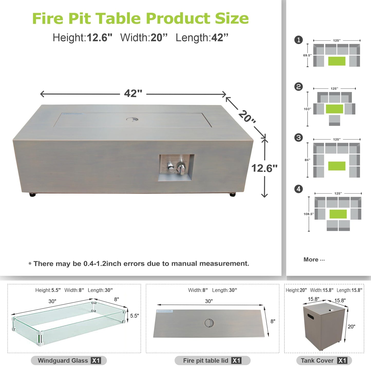 SUNPEAK 42" Rectangular Propane Fire Pit – 50,000 BTU Fire Table with Wind Guard Glass, Lid, Rocks and Cover – Backyard Fire Pits Outdoor – Propane Gas Fireplace for Deck or Patio (Grey, 42" Standard)
